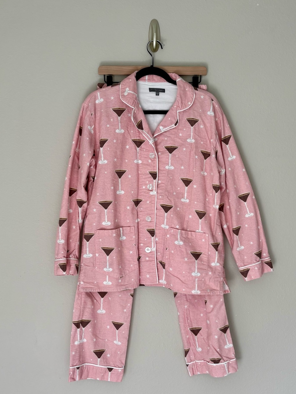PJ Salvage Espresso Martini Print Flannel Pajama Set Pink Cotton Small